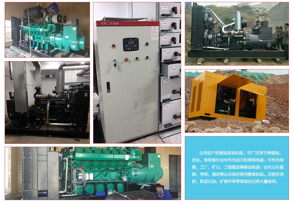        公司生產(chǎn)的柴油發(fā)電機組，可廣泛用于養(yǎng)殖場，農(nóng)業(yè)，魚牧等行業(yè)中作為動力和照明電源，可作為鐵路、工廠，礦山，工程建設等移動電源；也可以在醫(yī)院，學校，酒店等公共場所使用靜音機組。目前在消防，航運石油，礦物開采等領域也已經(jīng)大量使用。